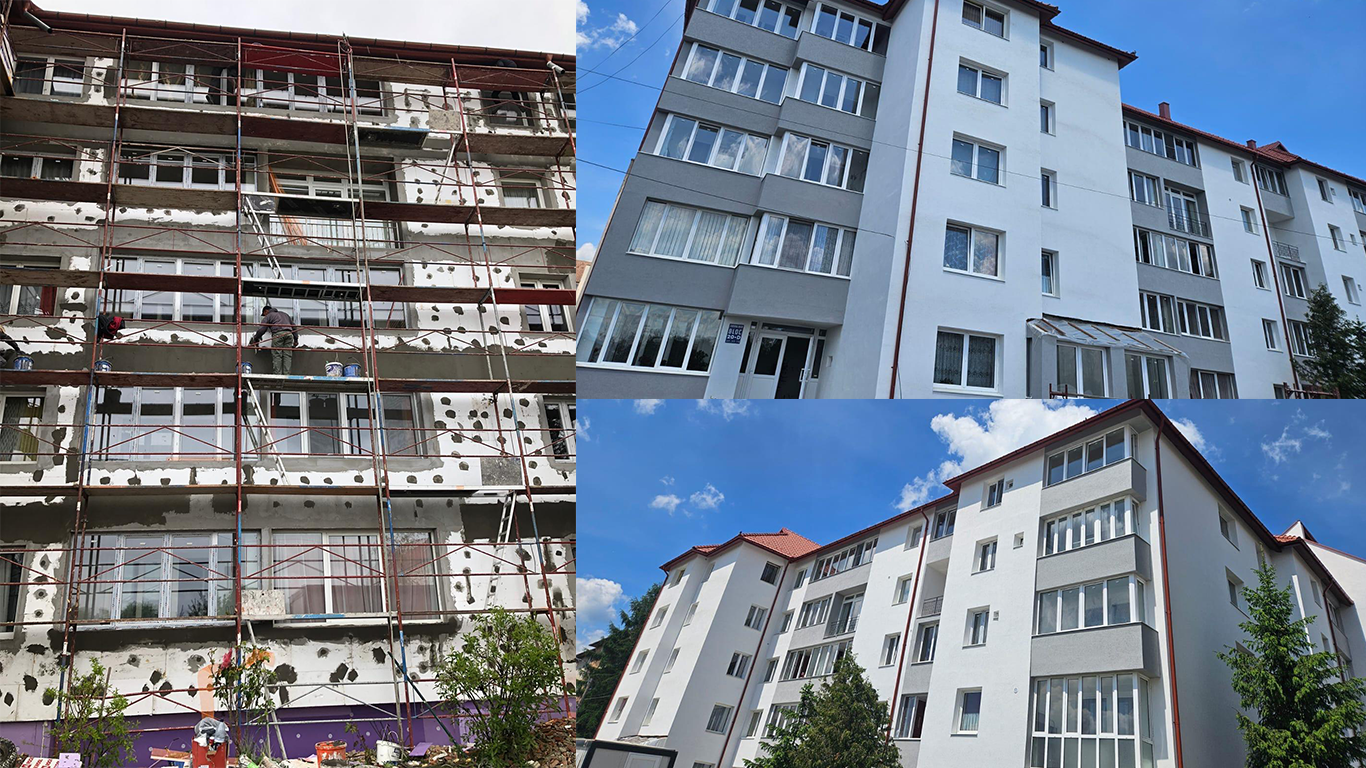 Colaj înainte și după reabilitarea unei clădiri realizată de DBO Oaș Construct